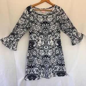 Michell Parisou Nautical Dress Sz XS 3/4 Bell Sleeve Stretch Resort Quiet Luxury